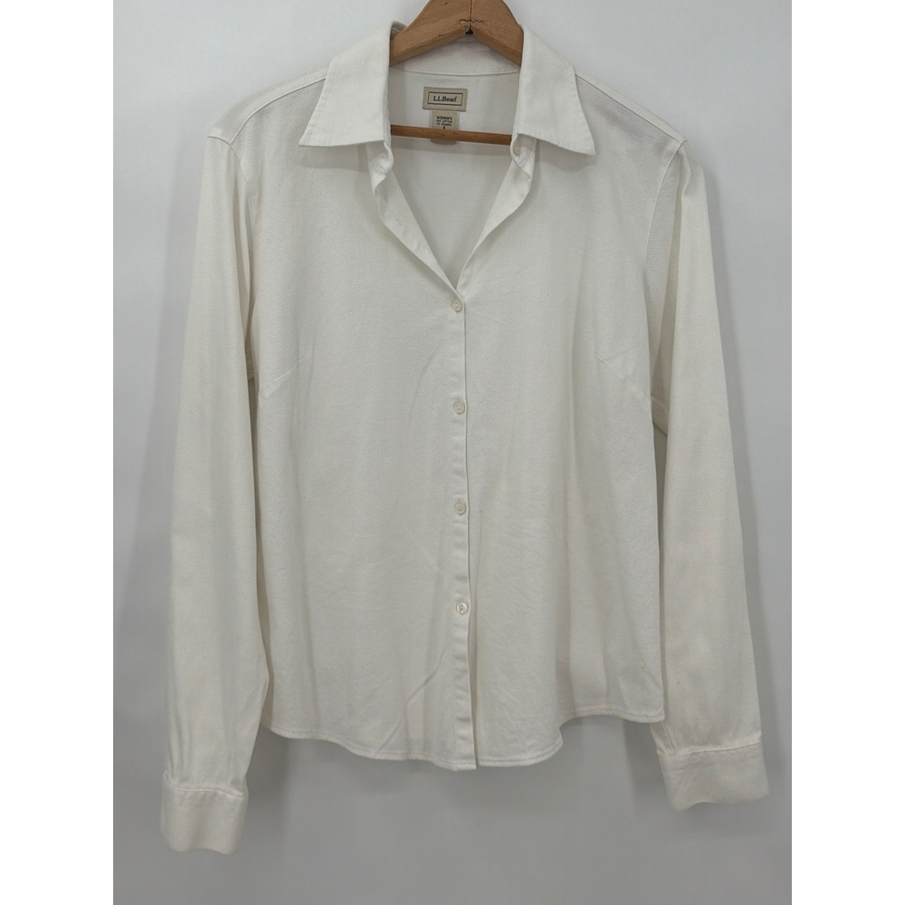 Vtg LL Bean Womens Small White Textured Cotton Button Down Long Sleeve Shirt